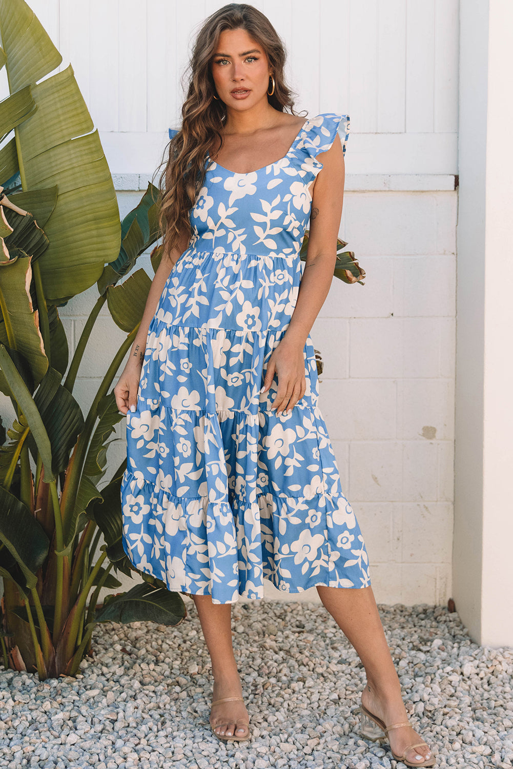 Sky Blue Floral Chiffon Flutter Sleeve Midi Dress