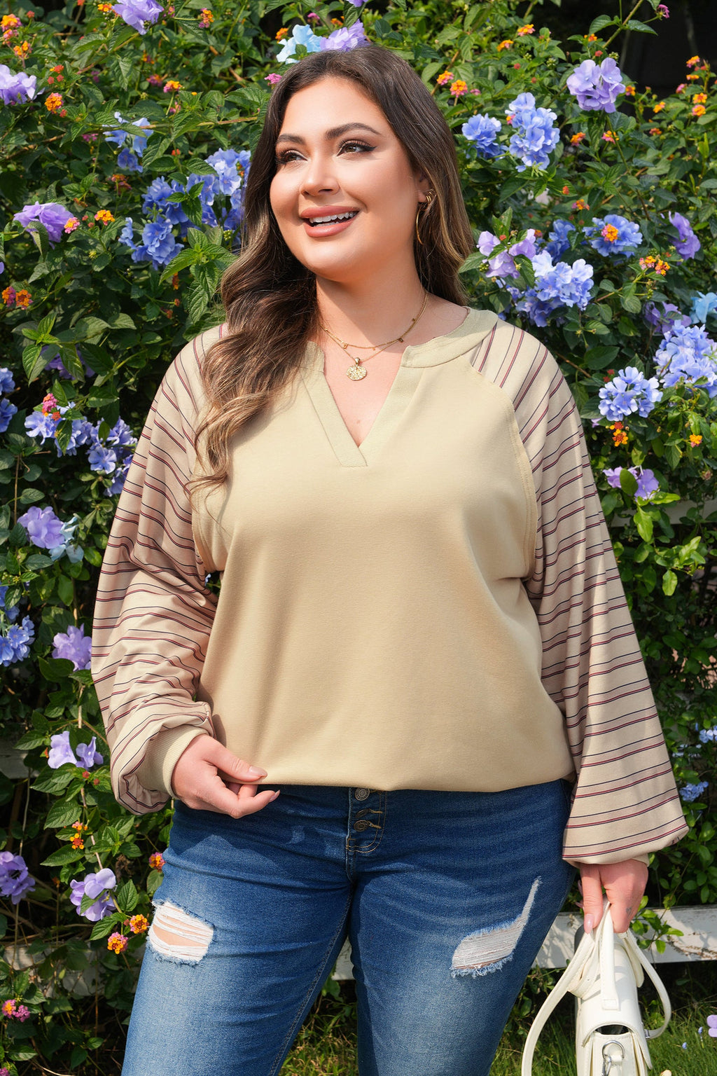 Raglan Stripe Notch-Neck Knit Jumper | Cotton Blend