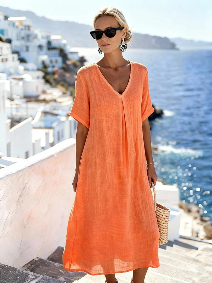 Patchwork Asymmetrical Maxi Dress - Relaxed Linen V-Neck Style