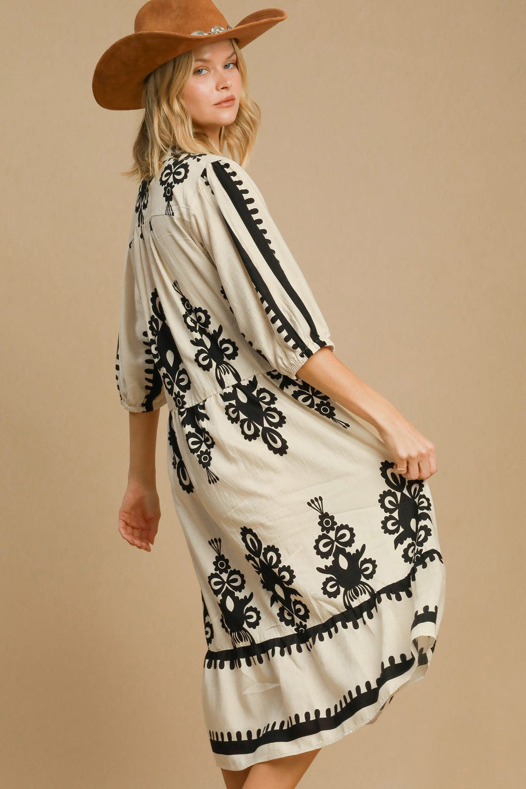 Vintage Cream Printed Midi Dress with Notched Neckline