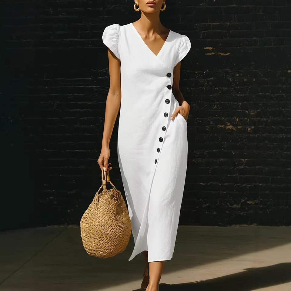 Women's V-Neck Short Sleeve Midi Dress with Button Detail - Image 3