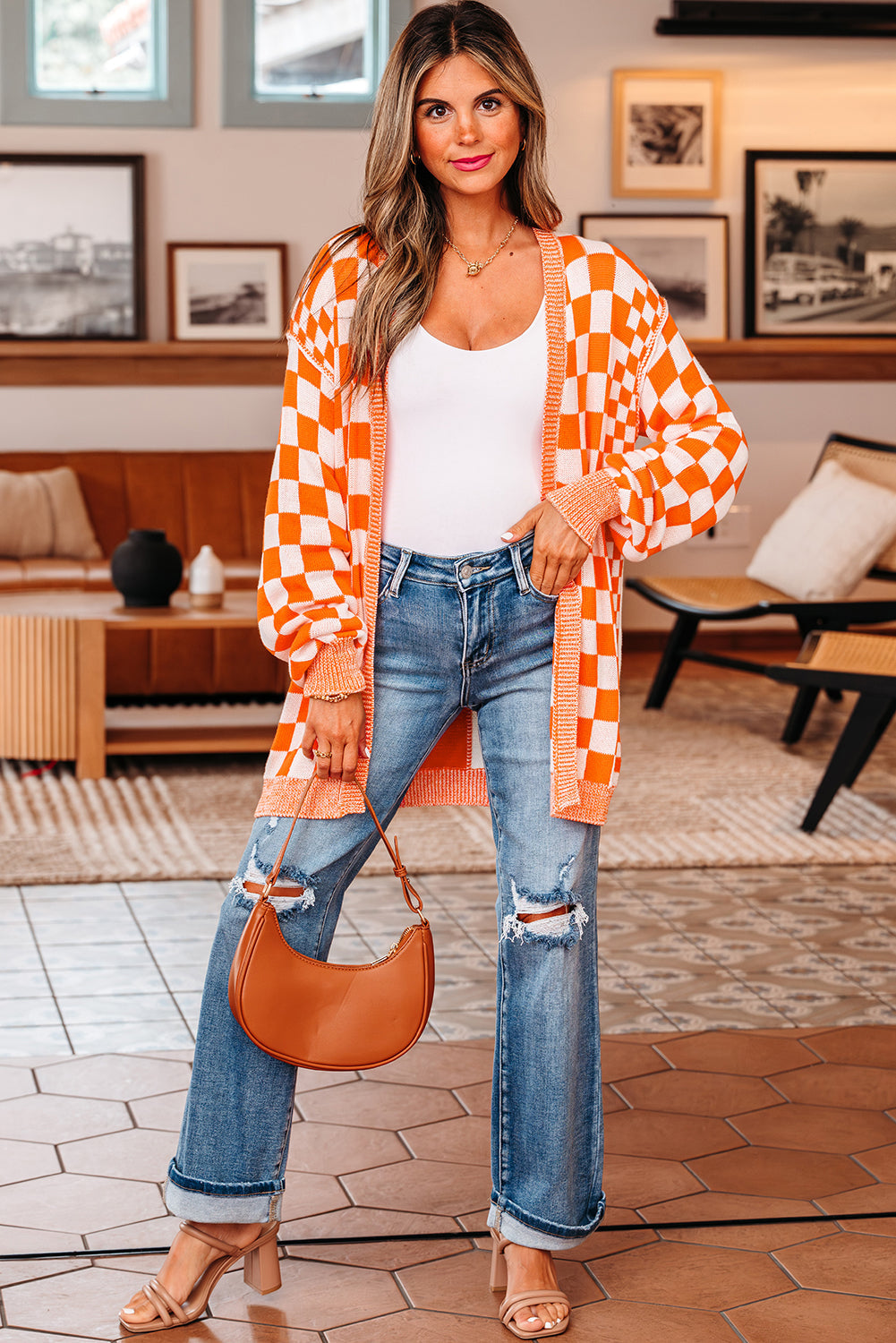Wrenley Orange White Checkered Open Front Drop Shoulder Cardigan - Image 5