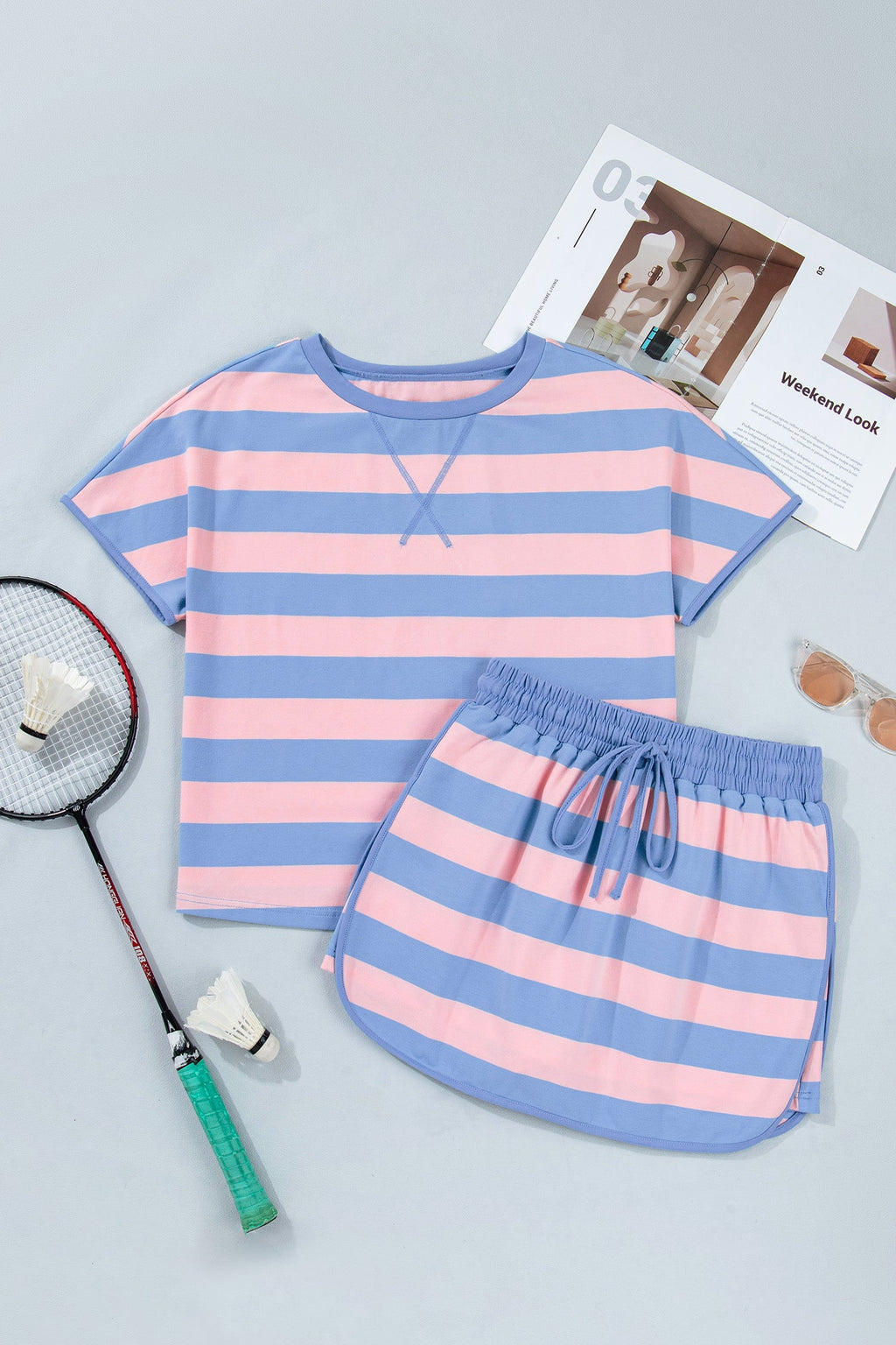 Yellow Stripe Dolman Tee and Drawstring Skort Athletic 2Pc Set