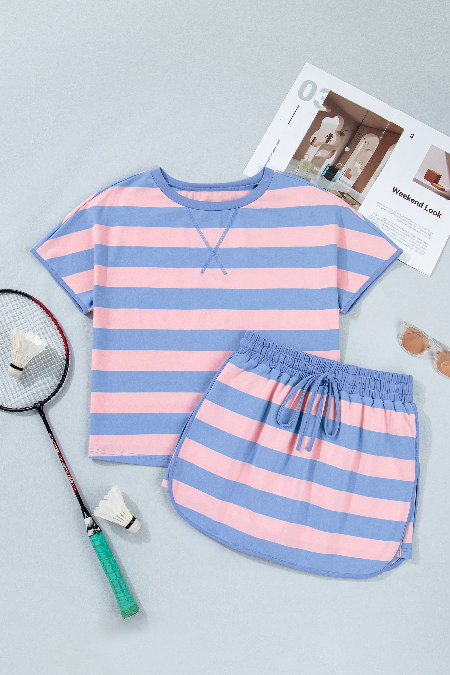 Yellow Stripe Dolman Tee and Drawstring Skort Athletic 2Pc Set