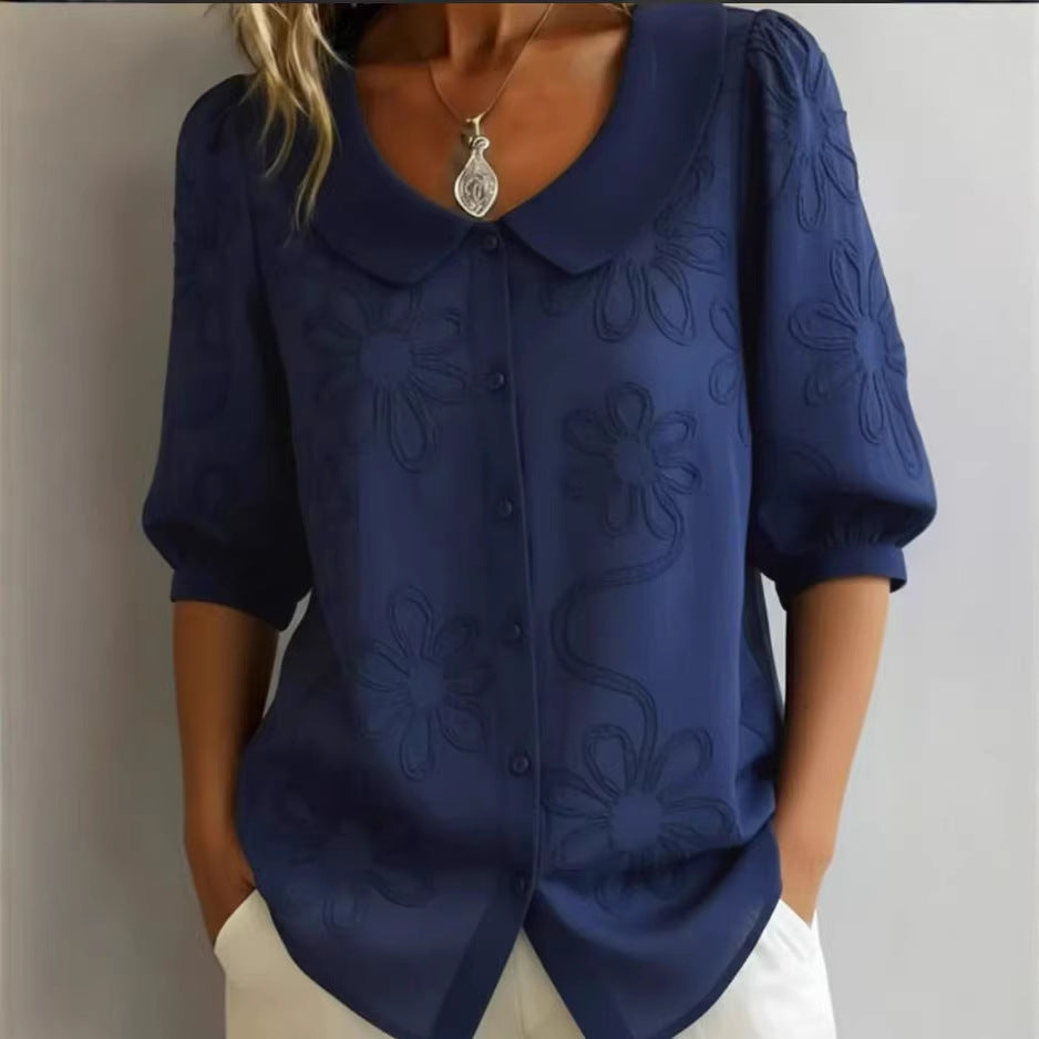 Women's Loose-Fit Retro 3D Embroidered Floral Buttoned Casual Top - Image 2