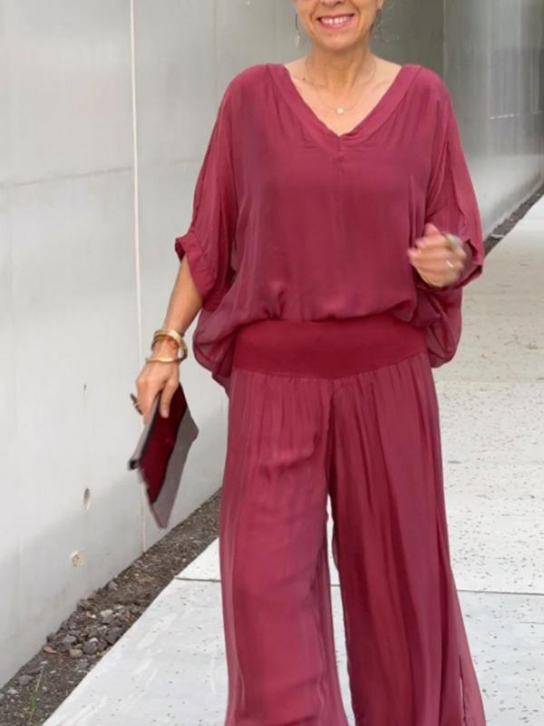 Solid Color Chiffon Two-Piece Set with V-Neck Top and Trousers - Image 14