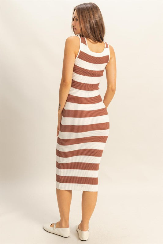 Striped Scoop Neck Wide Strap Knit Dress in Brown and White