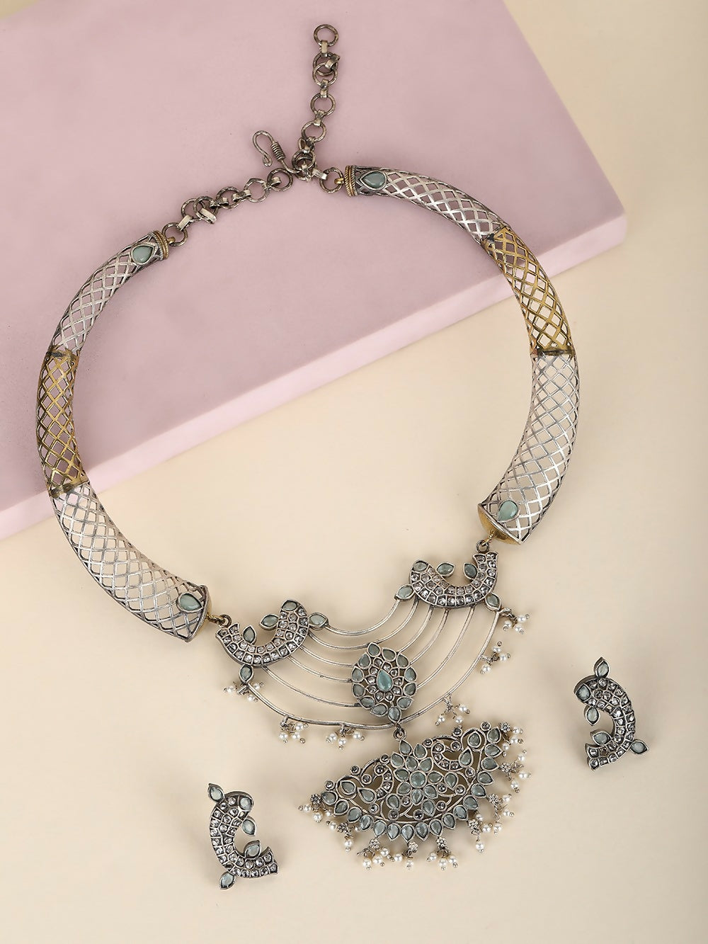 Handcrafted Dual Tone Bohemian Necklace and Earring Set
