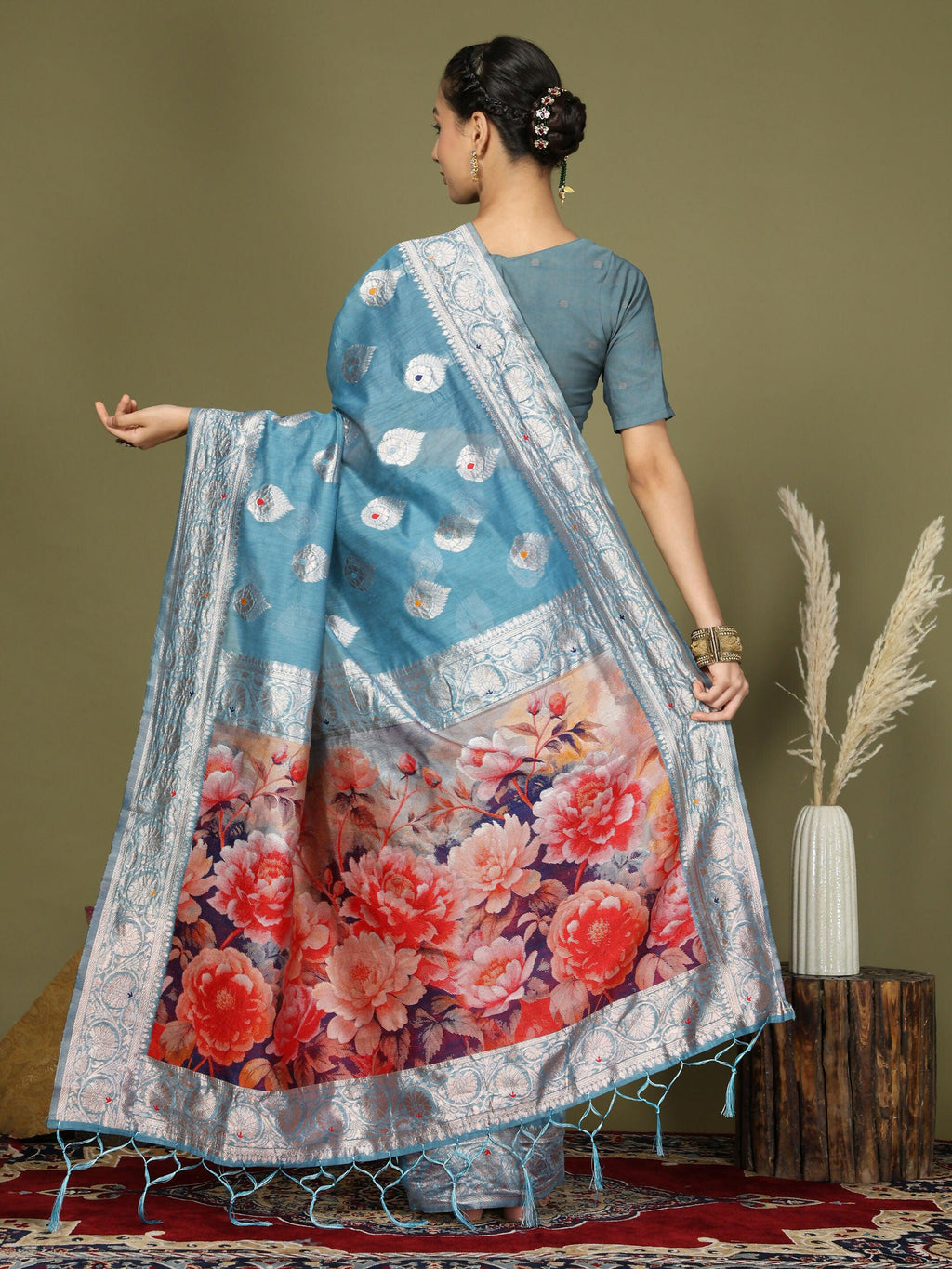 Sky Blue Linen Cotton Saree with Matching Blouse