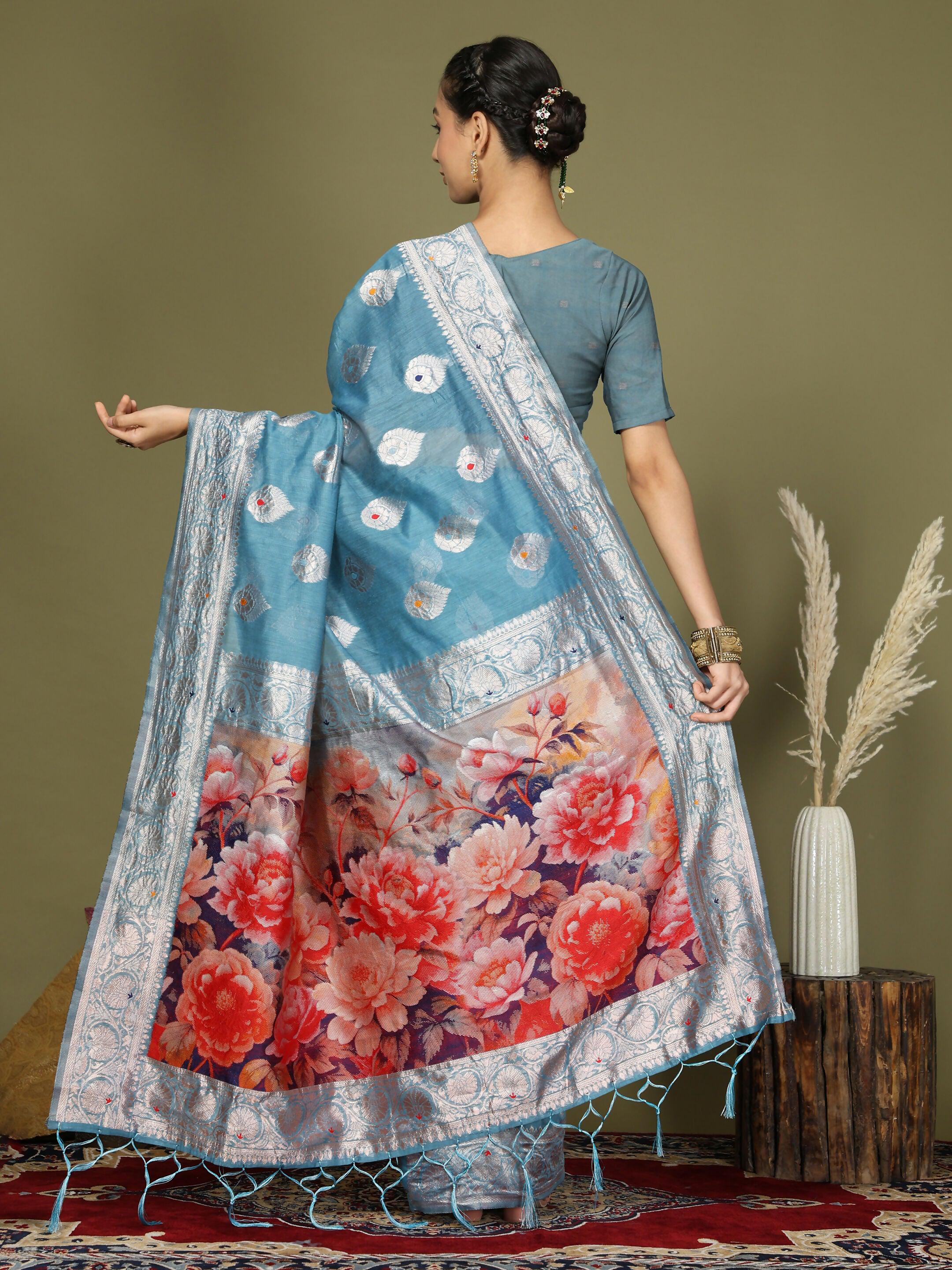 Sky Blue Linen Cotton Saree with Matching Blouse