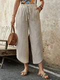 Women's Cotton Linen Cropped Drawstring Wide Leg Pants - Image 5