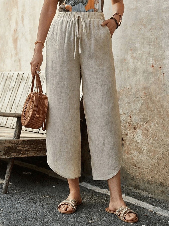 Women's Cotton Linen Cropped Drawstring Wide Leg Pants - Image 5