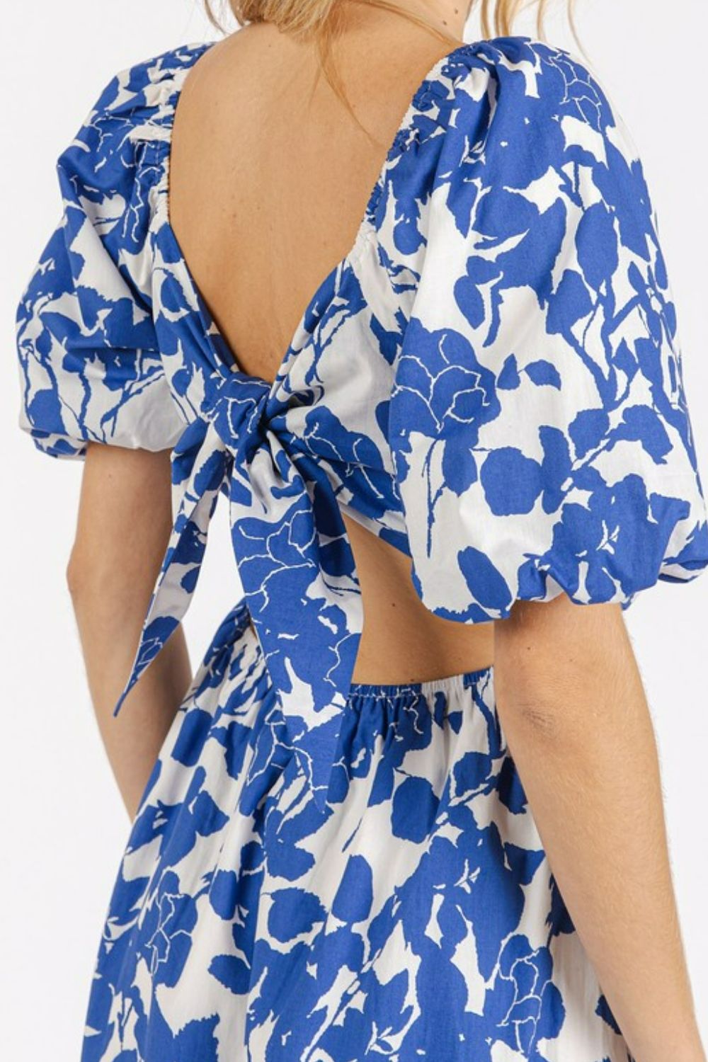 Floral Sweetheart Neck Puff Sleeve Mini Dress with Cutout Back