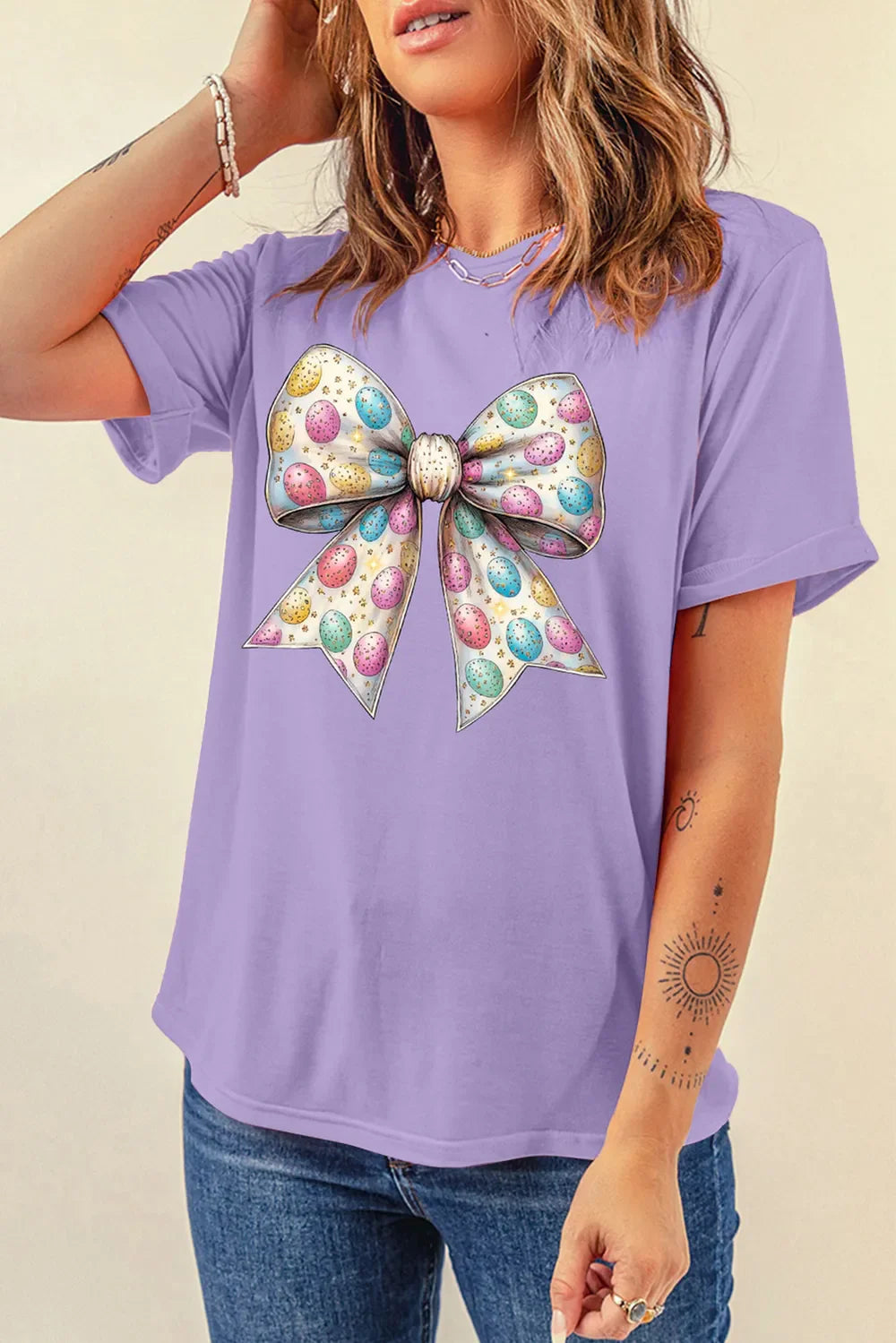 Lavender Bow Graphic Crew Neck Relaxed Fit T-Shirt