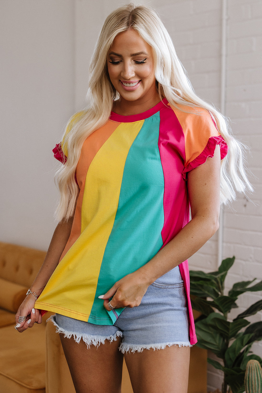 Rose Red Color Block Ruffled Crew Neck Loose Fit T-Shirt