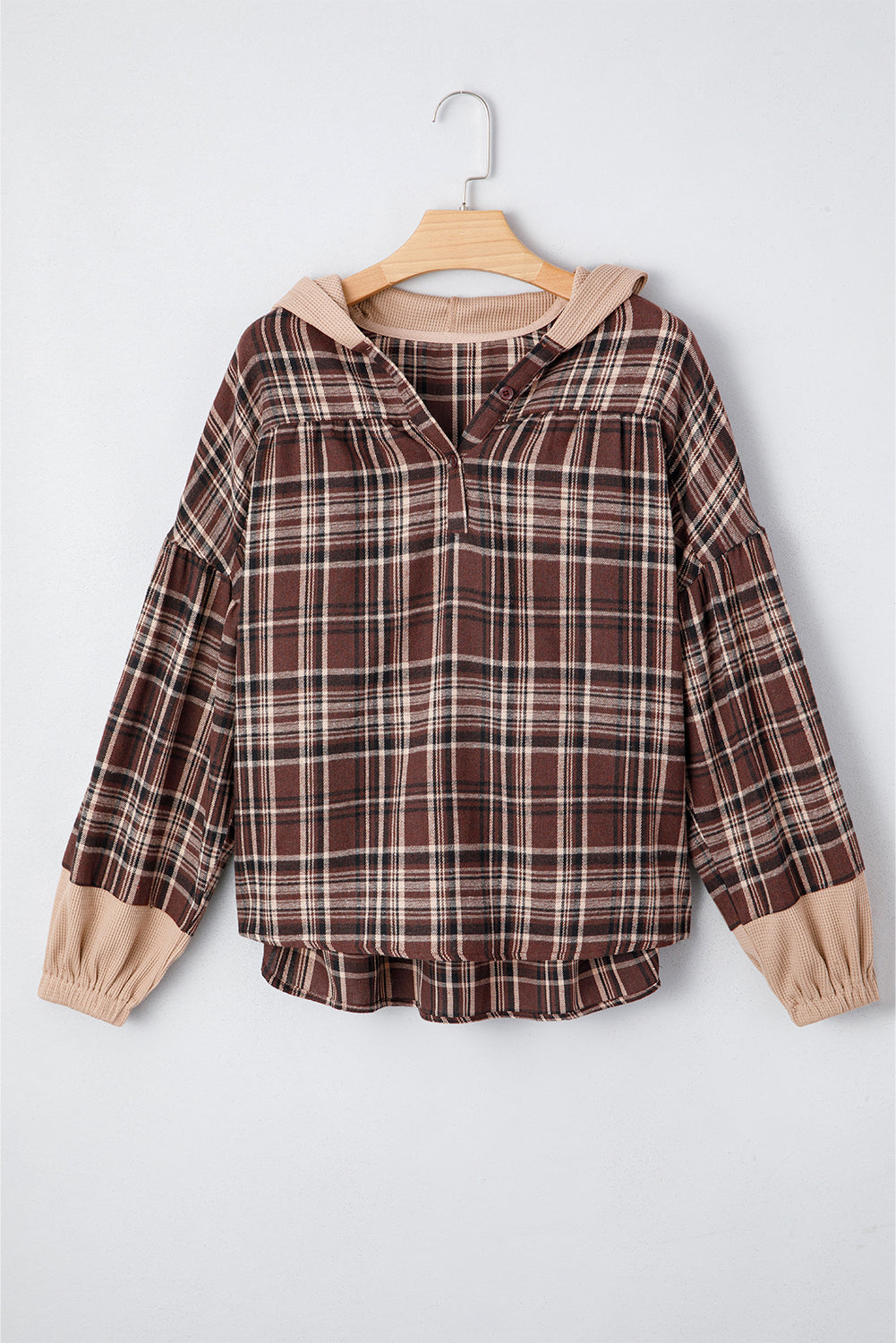 Women's Brown Plaid Patchwork Long Sleeve Hooded Top