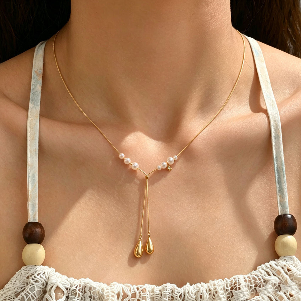 Women Dainty Snake Chain Y Lariat Faux Pearl Teardrop Drop Necklace, PVD Gold Plated Adjustable Layering Choker For Daily Wedding Gift