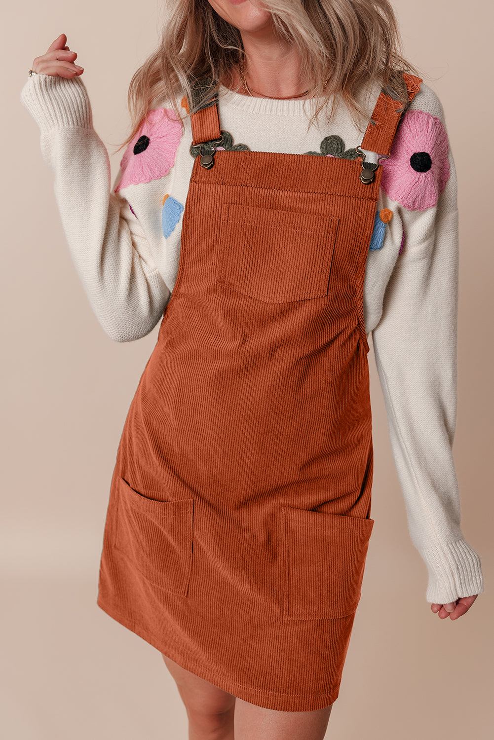 Solid Corduroy Front Pocket Sleeveless Overall Dress