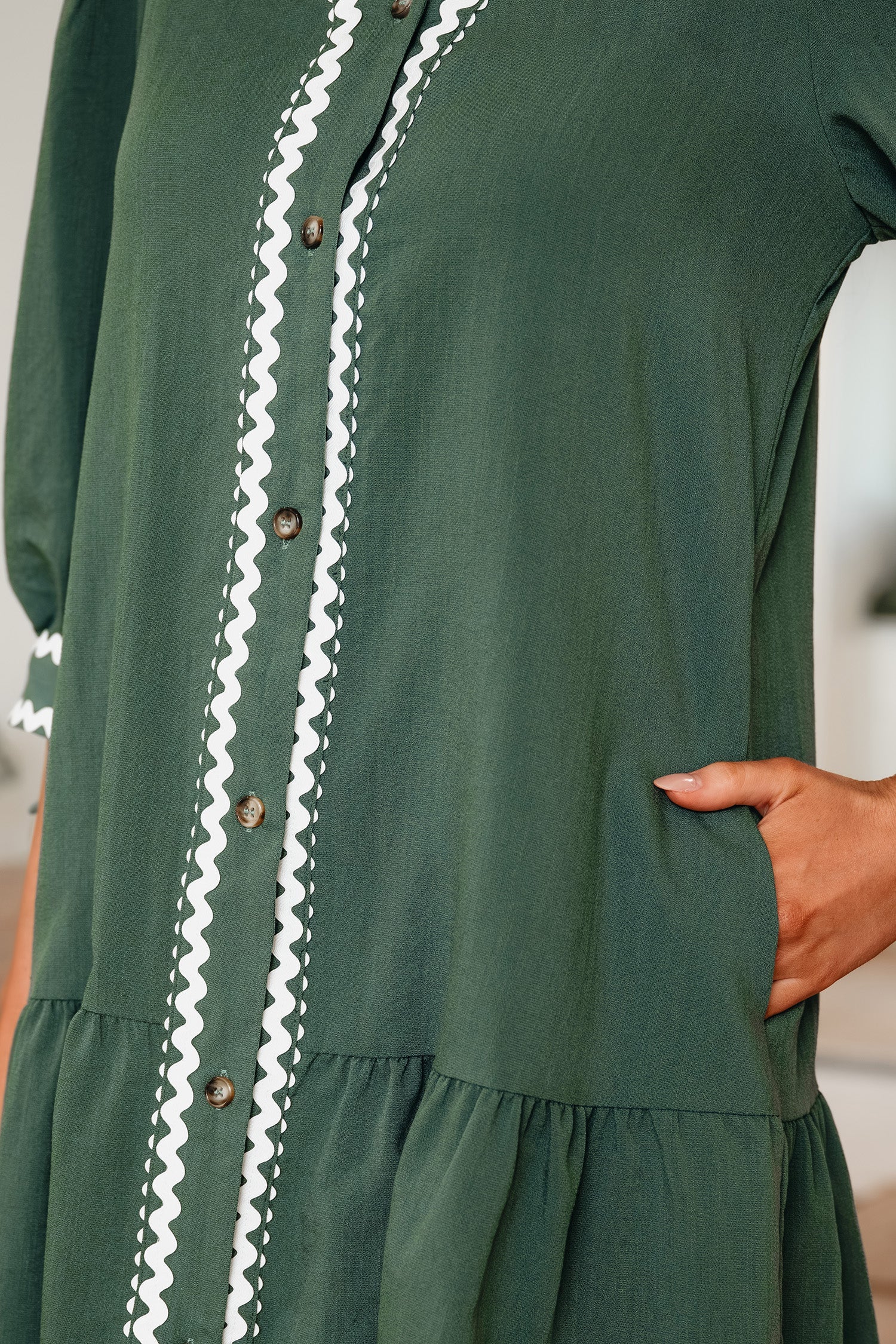 Xyla Bracelet Sleeve Shift Dress with Ricrac Trim and V-Neck