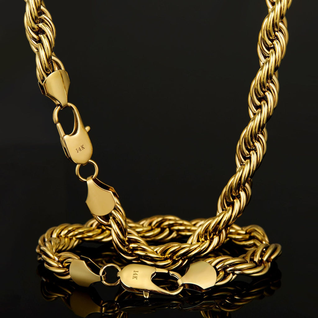 14K Gold-Plated Mens Hip-Hop Flat-Clasp Rope Necklace
