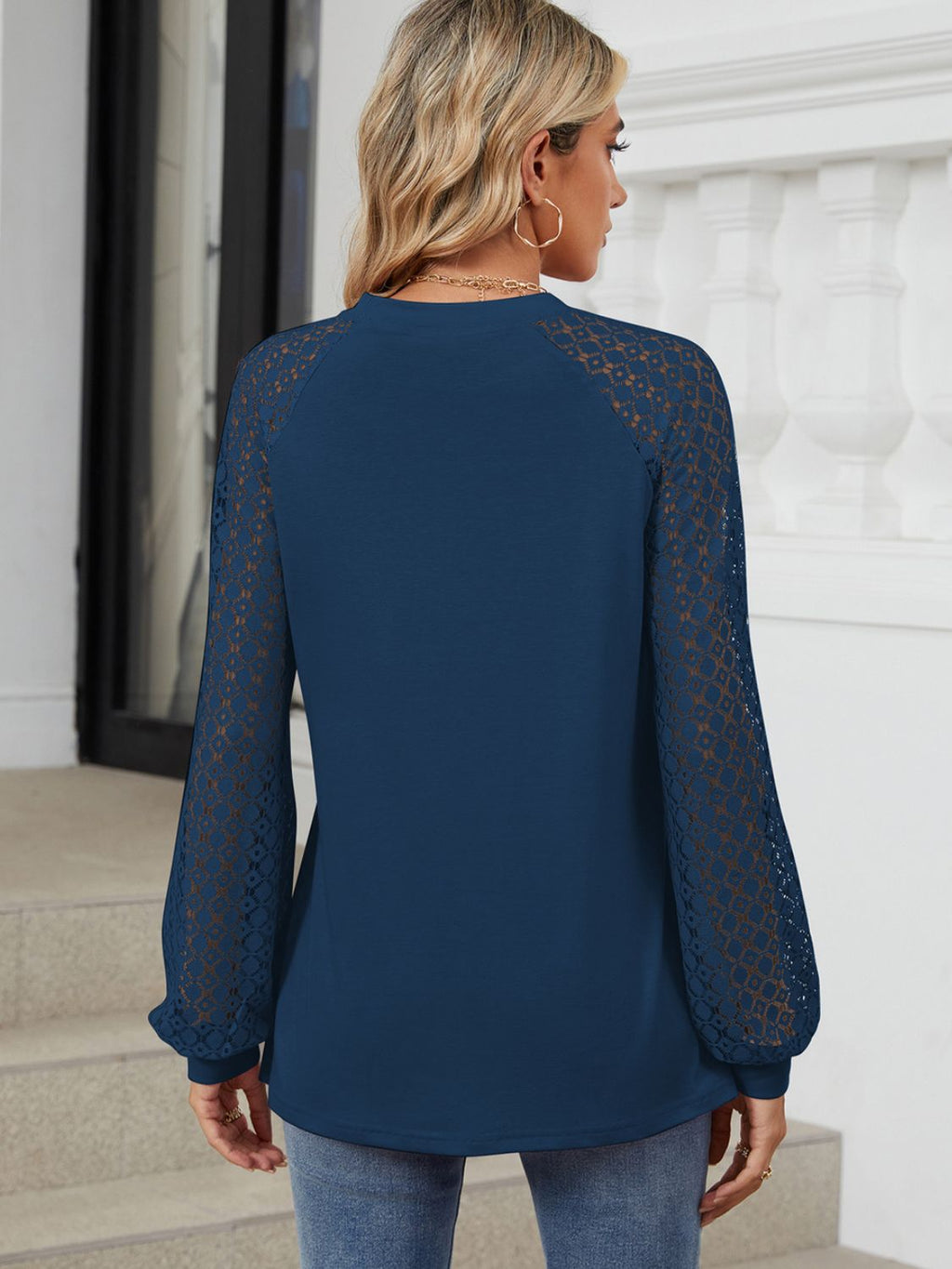Women's White Round Neck Long Sleeve Lace Detail Casual Top - Image 9