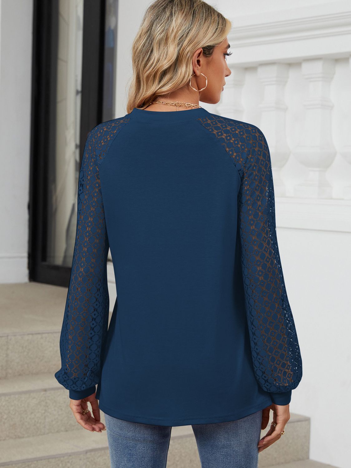 Women's White Round Neck Long Sleeve Lace Detail Casual Top - Image 9