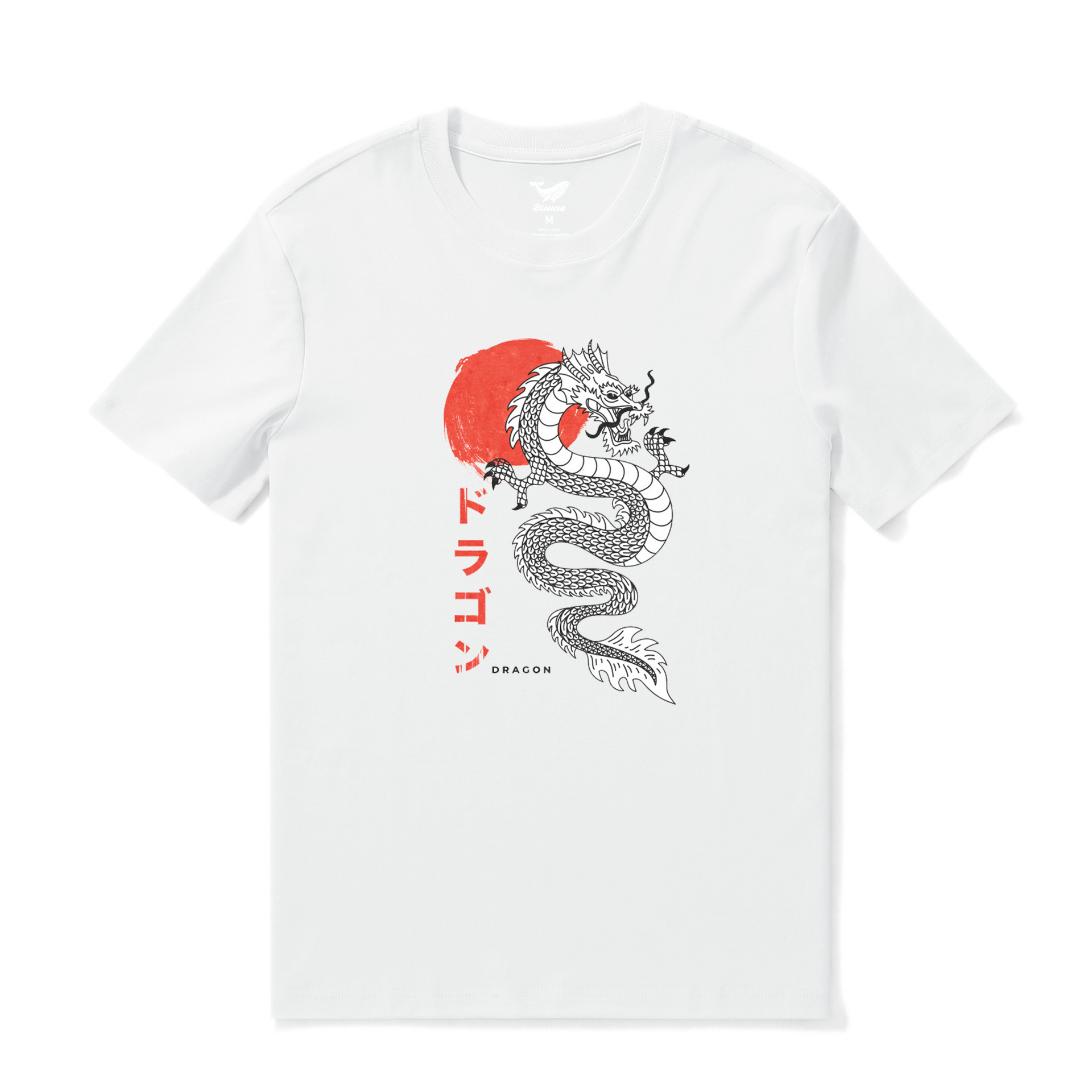 White crew neck t-shirt with detailed Japanese dragon graphic print on front