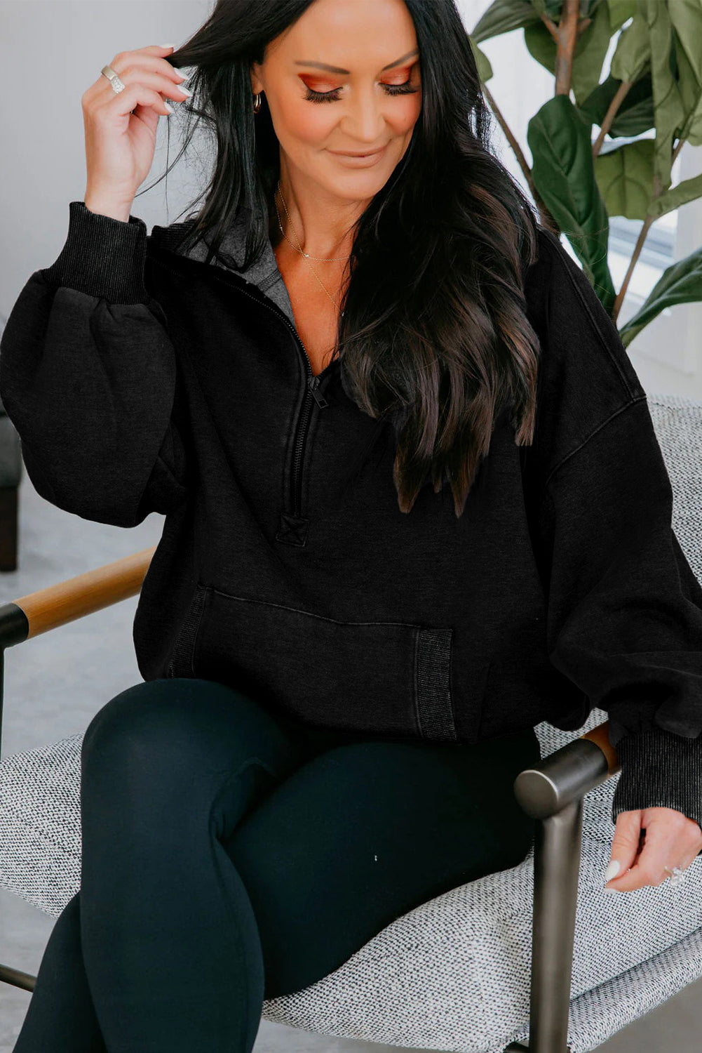 Black Half Zip Kangaroo Pocket Mineral Wash Baggy Hoodie