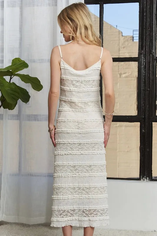 Lace Scoop Neck Midi Cami Dress in Cream