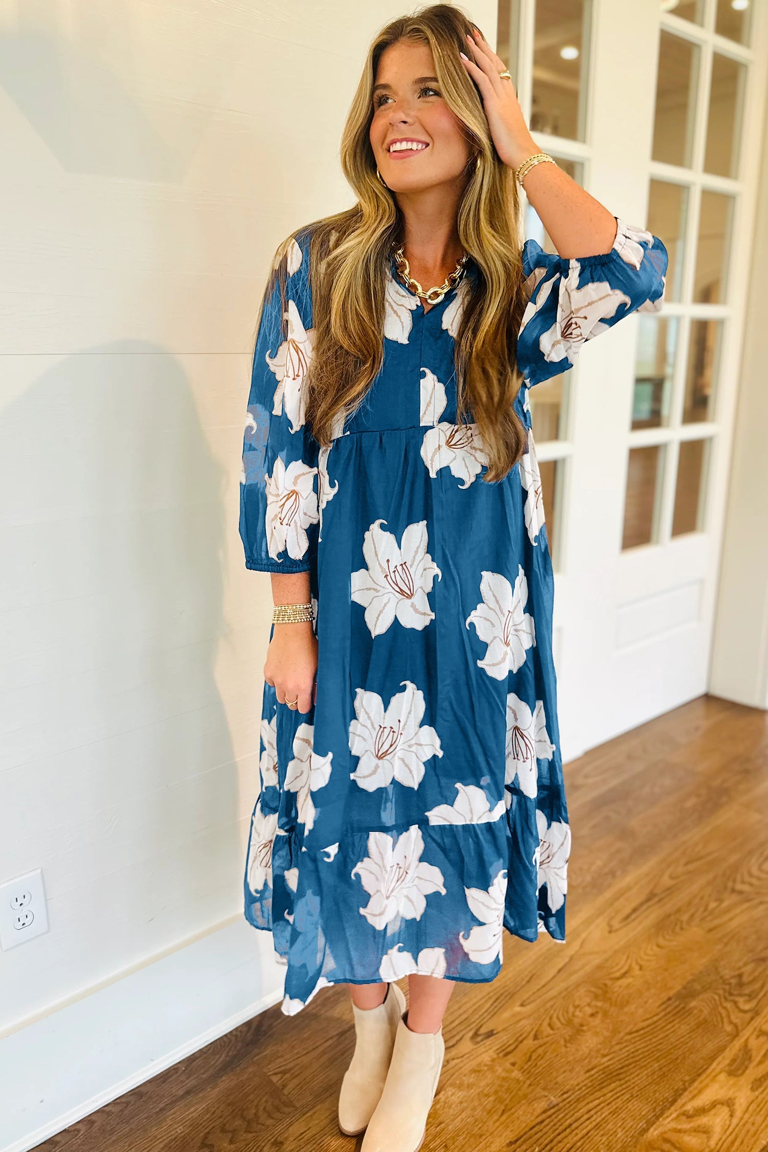 Blue Floral Print Shift Midi Dress - V Neck 3/4 Sleeve
