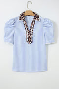Leopard Patchwork Collar V-Neck Blouse