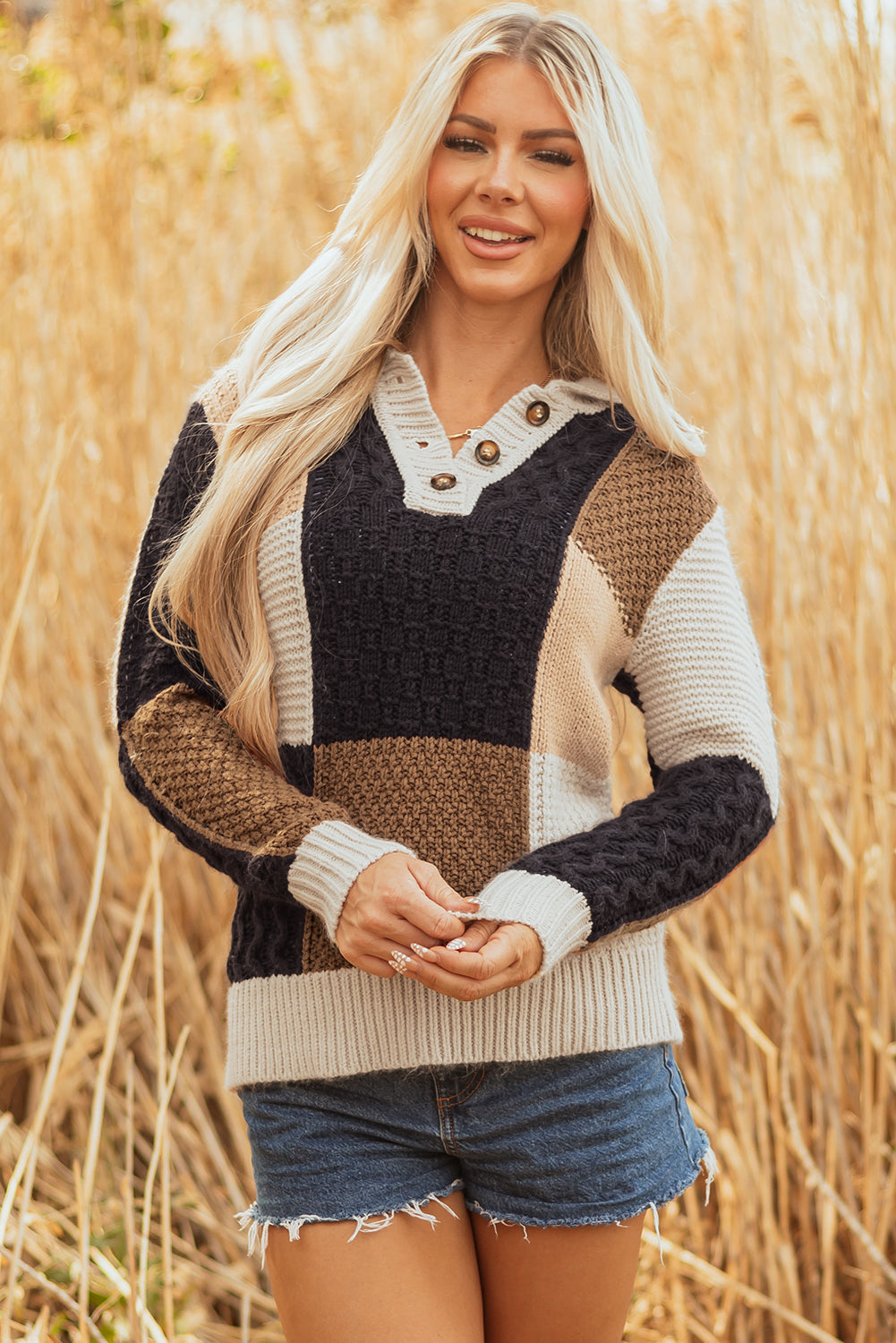 Paige Cable Knit Sleeve Buttons Collared Sweater