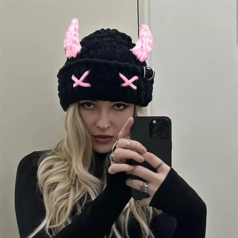 Cute Devil Horn Hood Knit Hat with Mask – Thickened Warm Acrylic Beanie | Sweet Cool INS Style | 4 Colors: Pink, Rose Red, Blue & Red