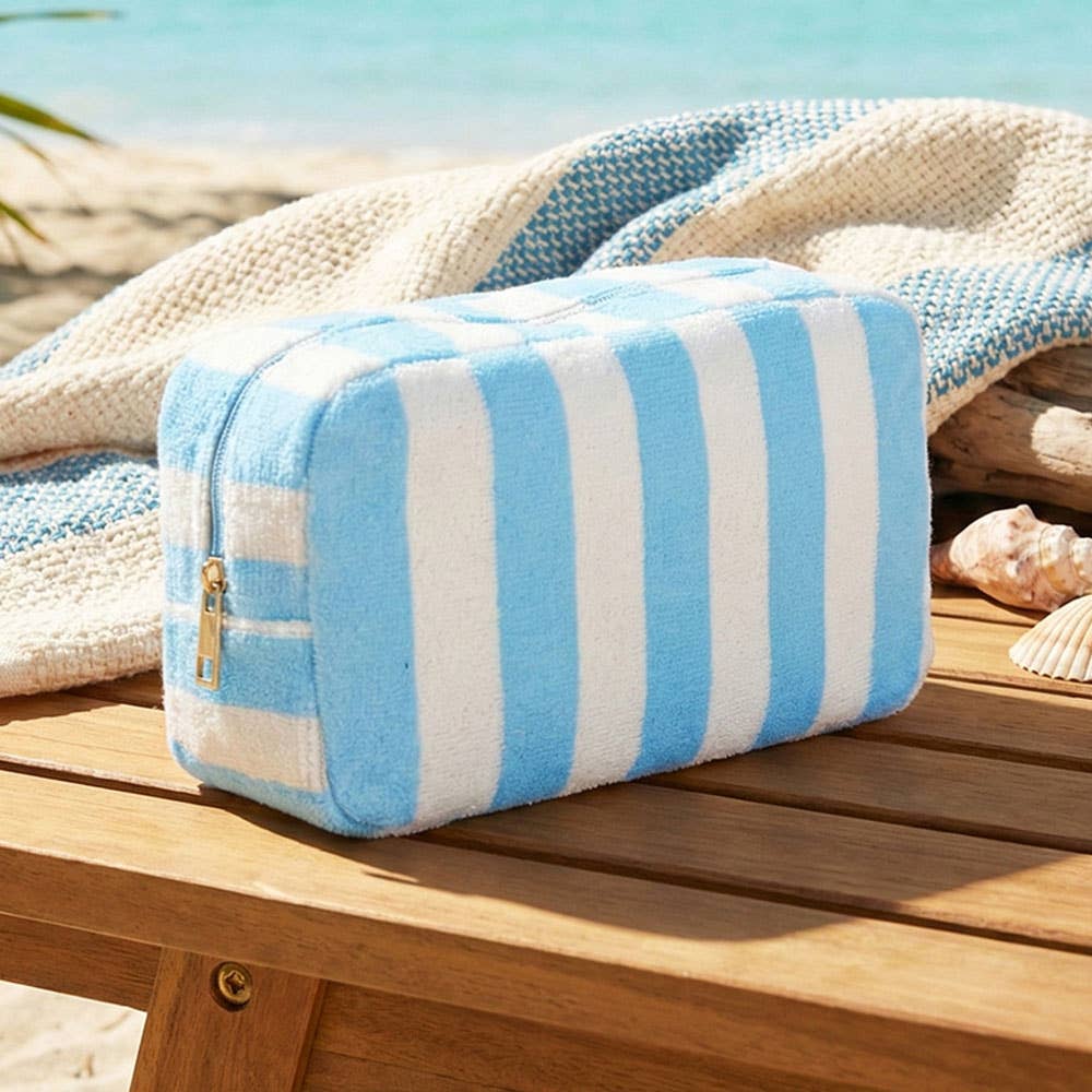 Blue Striped Terry Cloth Cosmetic Pouch
