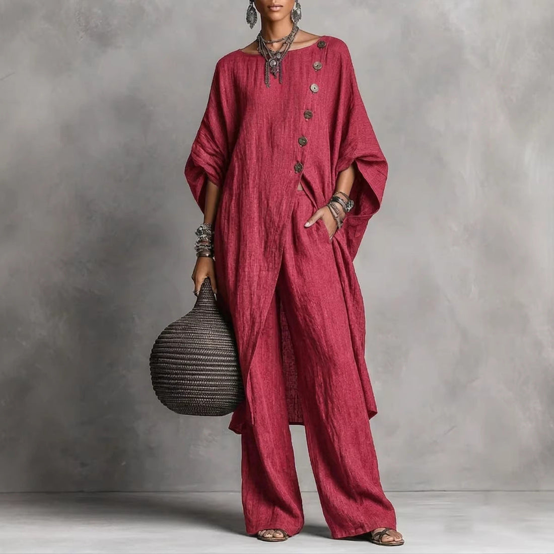 Women's Drop Shoulder Irregular Hem Tunic and Wide Leg Pants Set - Image 5