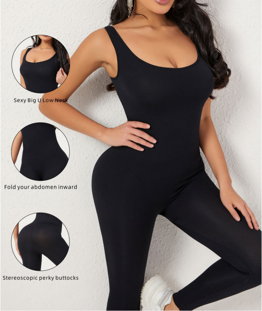 Model wearing a neutral-toned seamless compression body shaper unitard with a square neckline