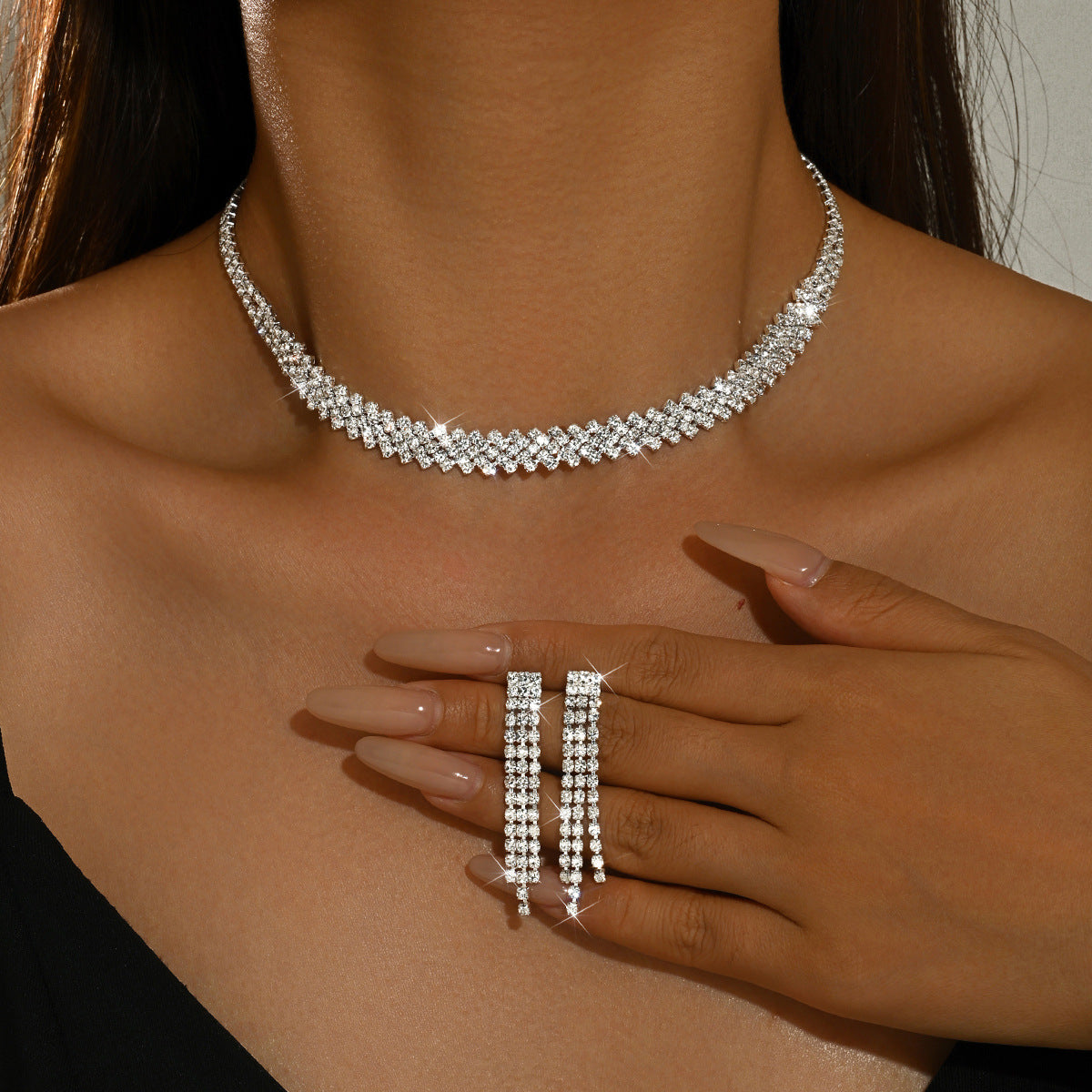 Women 2 Pcs Simple Rhinestone Jewelry Set,Choker Necklace And Earrings,Shiny Costume Accessories For Daily Party Occasion