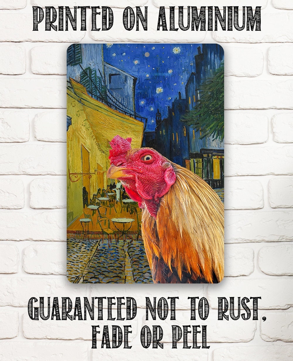 Café Terrace at Night Painting - Interrupted by Rooster - Metal Sign