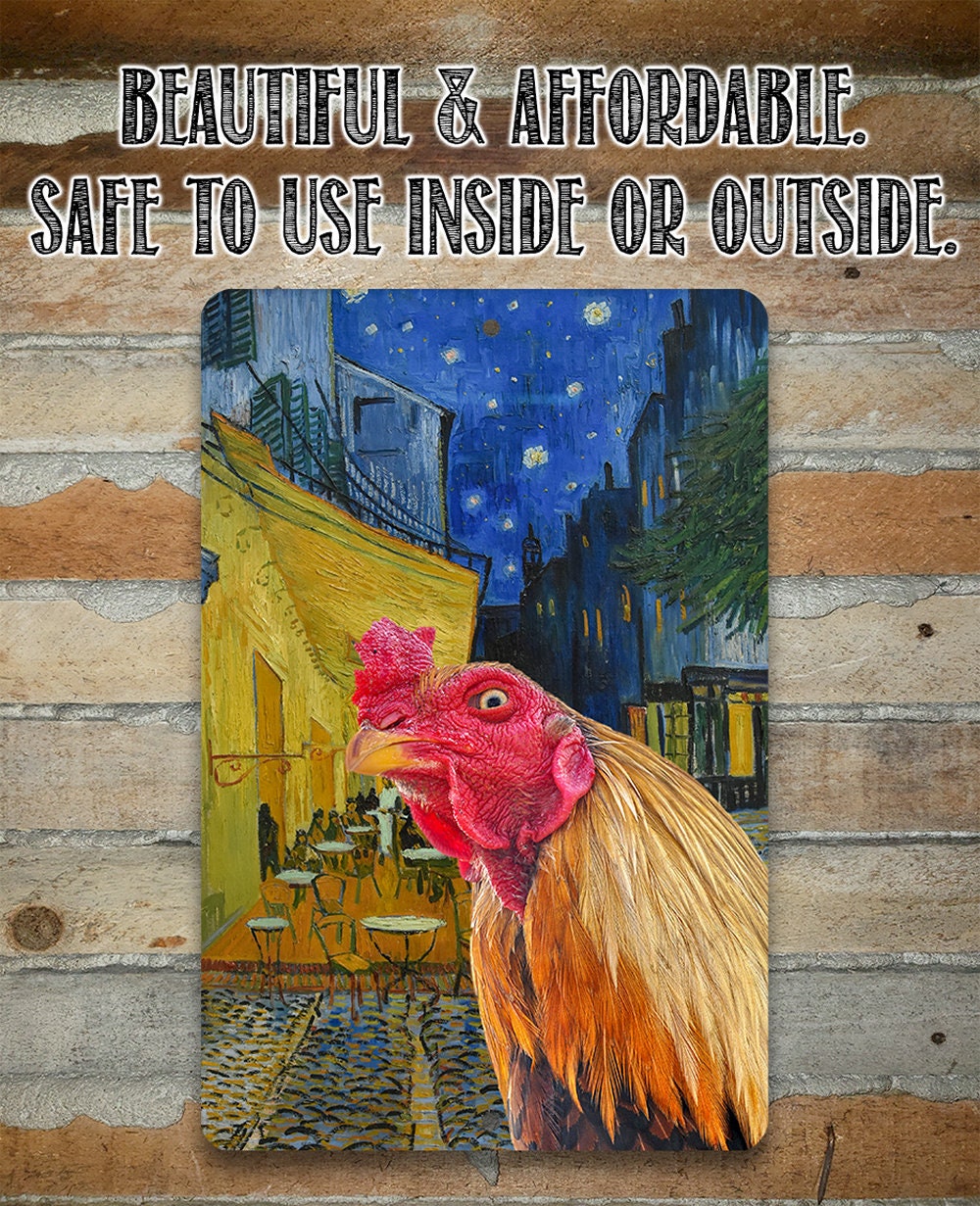 Café Terrace at Night Painting - Interrupted by Rooster - Metal Sign