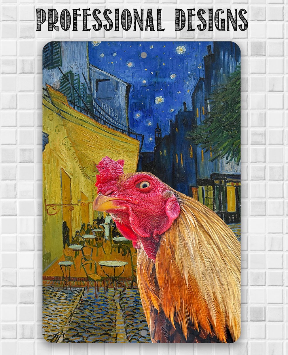 Café Terrace at Night Painting - Interrupted by Rooster - Metal Sign