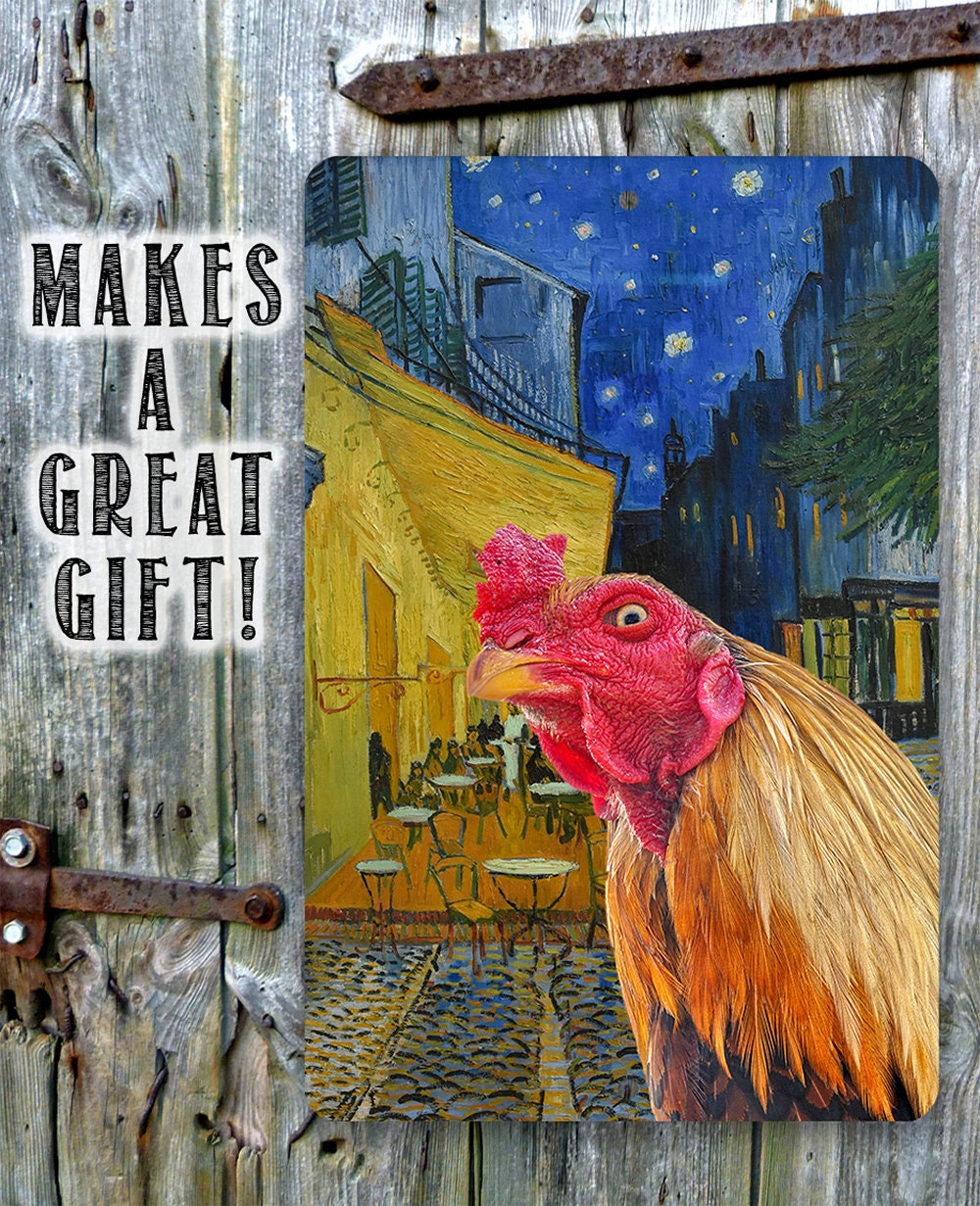 Café Terrace at Night Painting - Interrupted by Rooster - Metal Sign