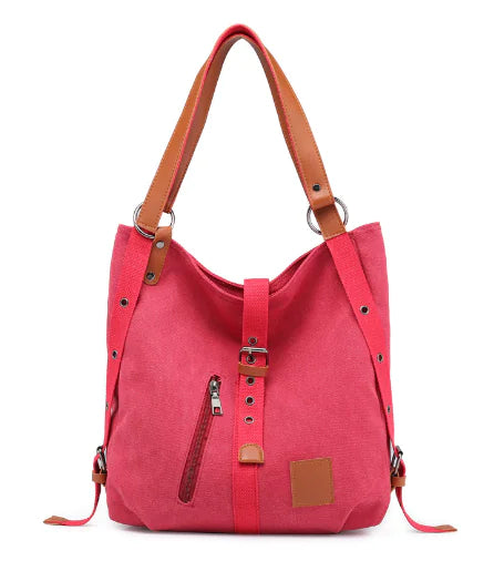Women's Canvas Shoulder Tote Bag with Buckle and Zipper Detail - Image 4