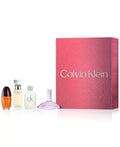 Calvin Klein fragrance gift set featuring four 15ml bottles in vibrant pink gradient packaging.