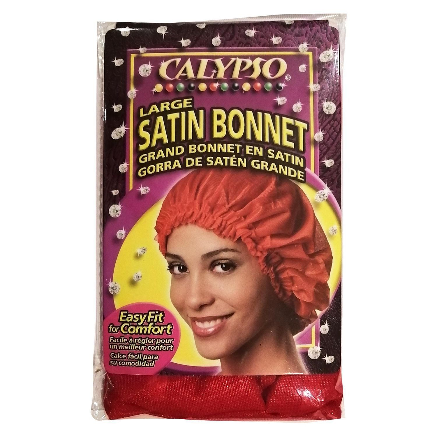 A vibrant red Calypso large satin bonnet for hair protection and nighttime use.