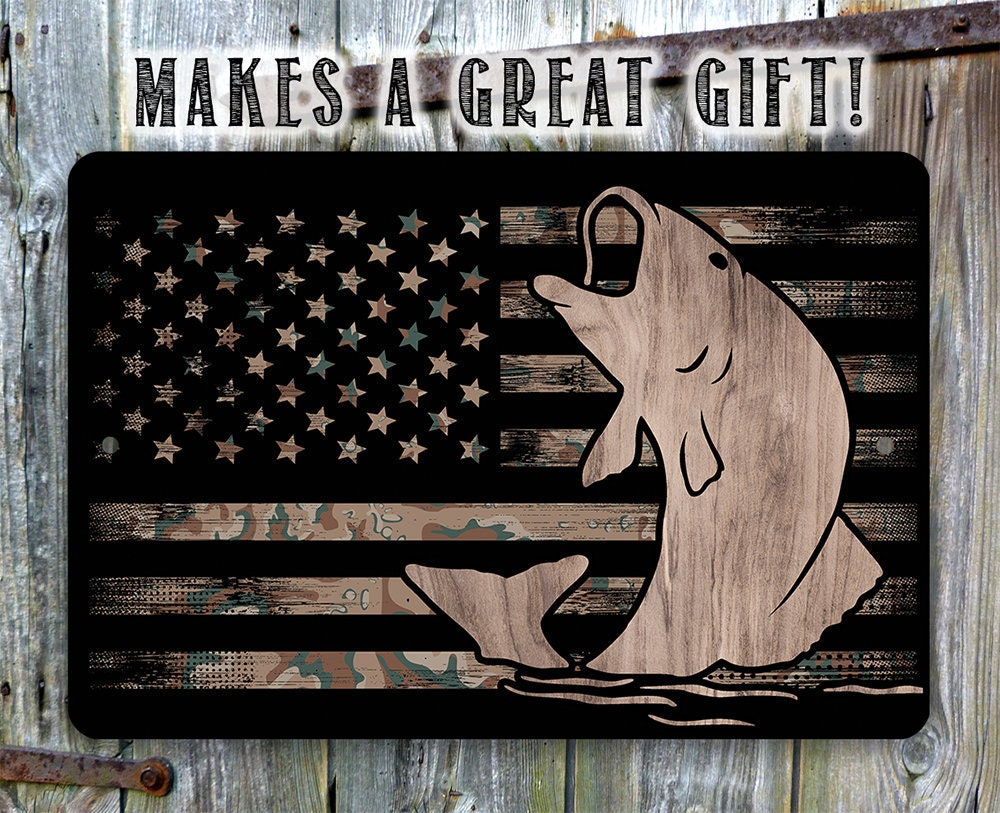Camouflage American Flag Fishing - Metal Sign