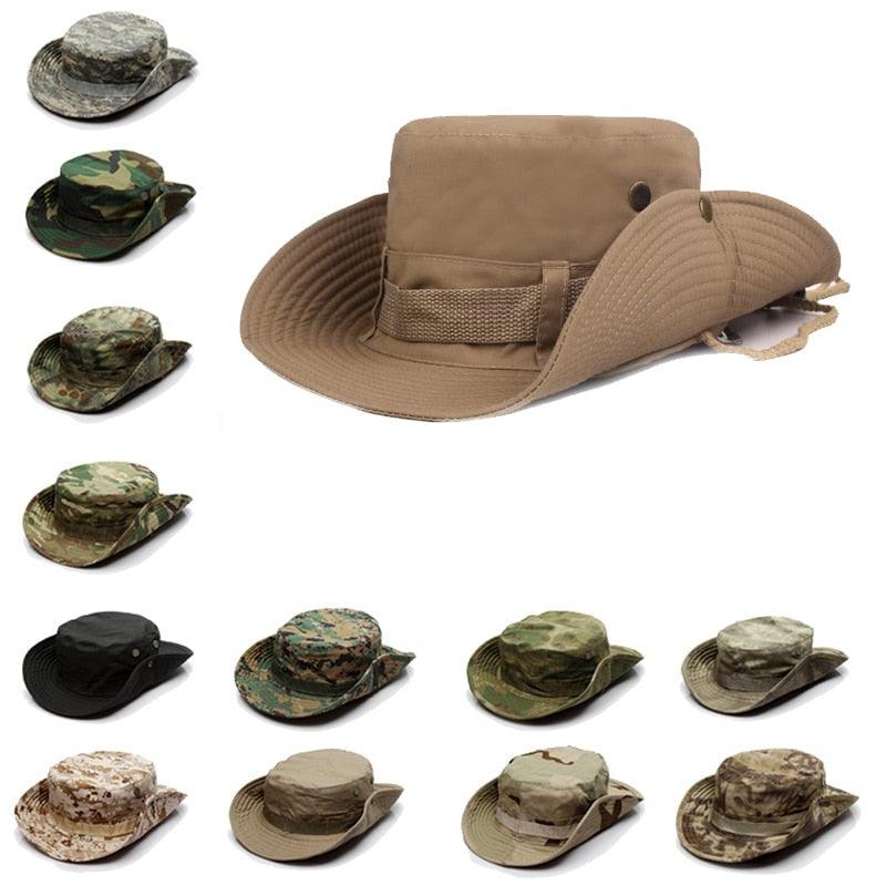 Unisex camouflage bucket hat for outdoor hiking and fishing with adjustable strap.