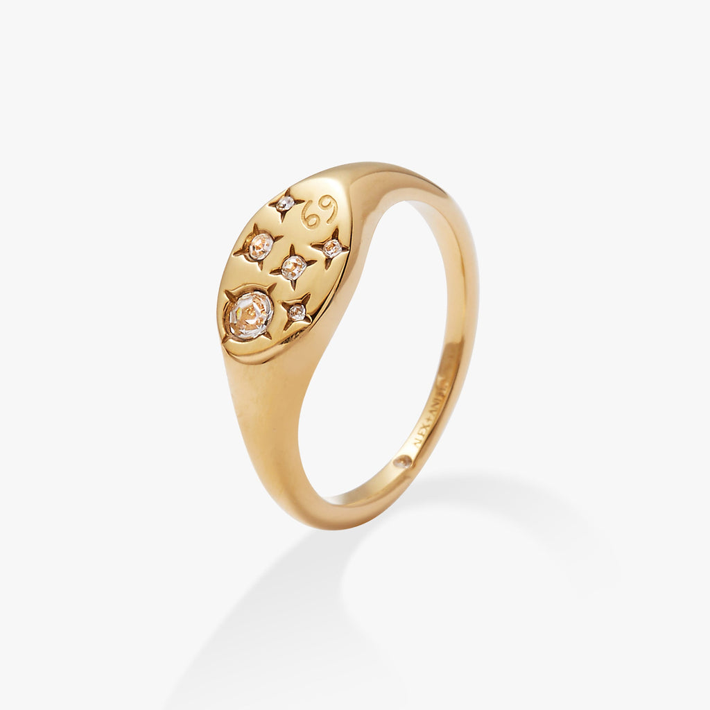 Cancer Zodiac Signet Ring in Gold-Plated Finish with Crystals