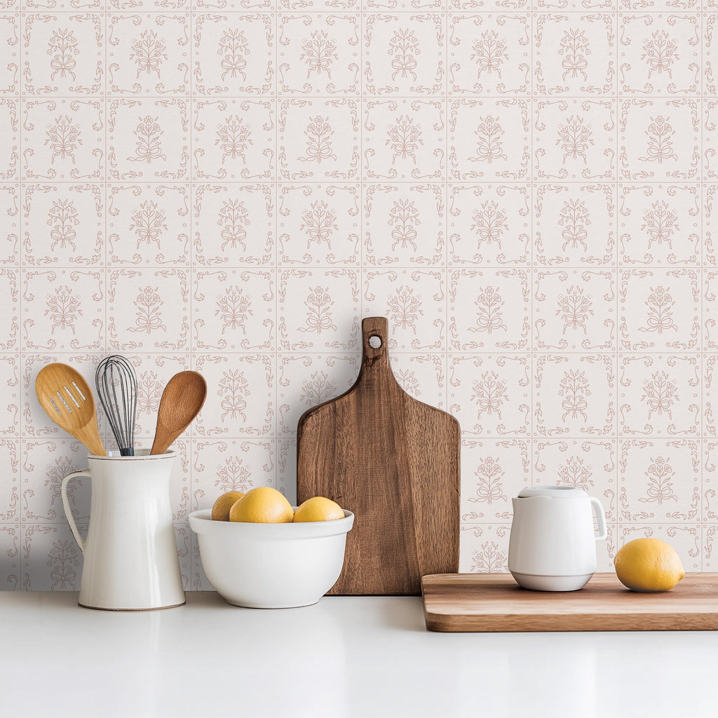 Wrenna Floral Removable Wallpaper in Off-White and Dusty-Rose