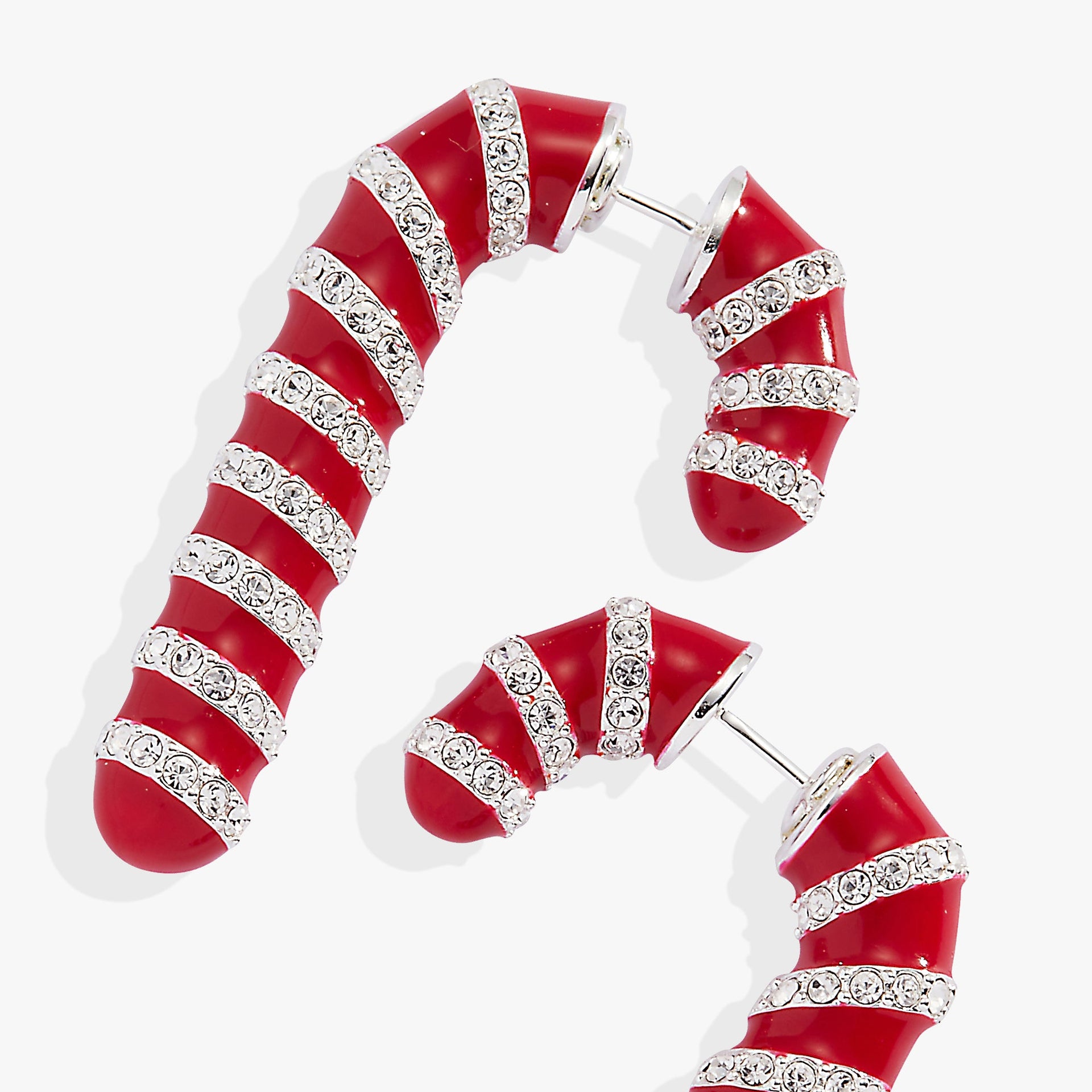 Candy Cane Front-Back Earrings with Crystals in Polished Silver