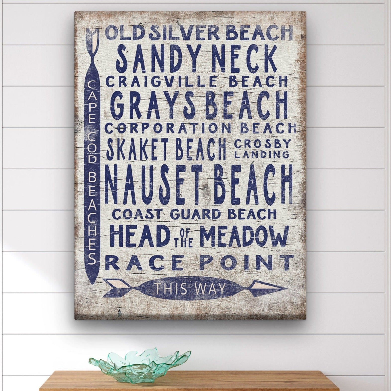 Vintage coastal Cape Cod beach sign on white-washed wood with navy blue text featuring various beach names